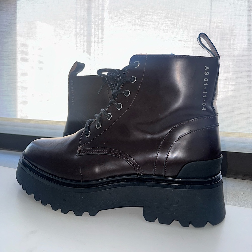 ‘All Saints’ Brownish/burgundy combat boots. Practically brand new, worn twice.